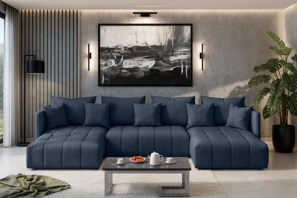 AX LIVING Sofa U Form mit Schlaffunktion Veliro U Blau, 345 cm breit