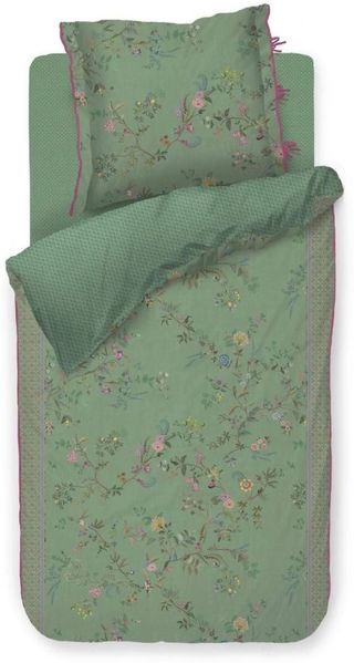 PIP Studio Perkal Bettwäsche 135x200 Bustani Green Blütenzweige grün Wende