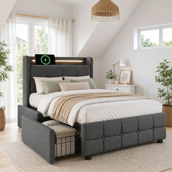 Merax Polsterbett 90x200cm, Einzelbett mit aufladen USB Ladefunktion Kopfteil und LED-Beleuchtung und 2 Schubladen, Grau