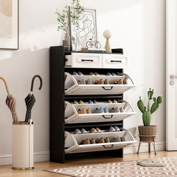 Merax Schuhkipper Schuhschrank mit 3 Klappen und 2 Schubladen, Schmal Schuhregal (1 St), Schuhkommode mit schubladen, Schuhregal Landhaus