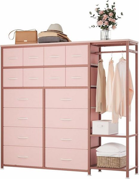 GarveeMore Kommode mit 16 Schubladen,30 x 142 x 132 cm, Aufbewahrungsschrank, Stahl, MDF, Vliesstoff, für Schlafzimme