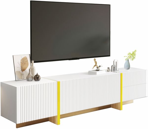 190 cm hoher Fernsehschrank, drei Türen und zwei Schubladen, weiß mit goldenen und holzmaserigen Akzenten.