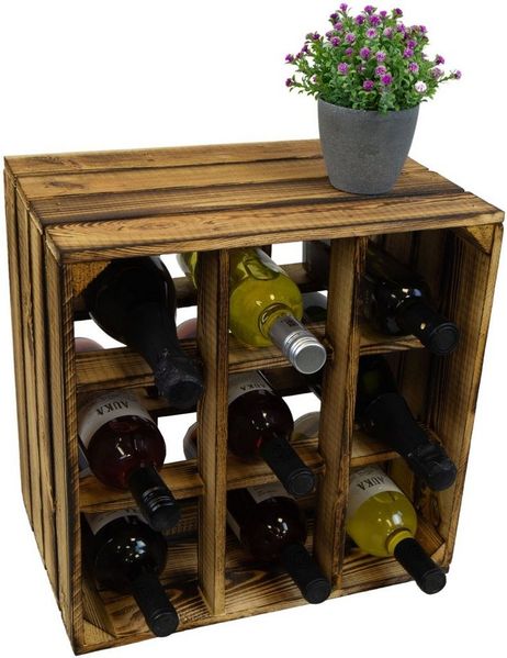 Kistenkolli Altes Land Allzweckkiste Weinregal 9er geflammt auch für grosse Flaschen Flaschenregal Weinkist (Spar-Set)