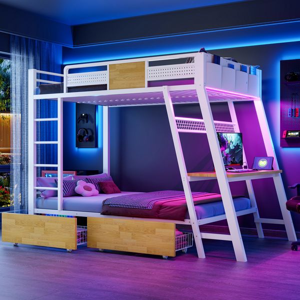 Merax Etagenbett 90×200cm, Kinderbett integrierter Gaming-Schreibtisch mit Steckdosen, USB- und Type-C-Anschlüssen, mit LED-Lichtband, zwei Aufbewahrungskörben, Weiß
