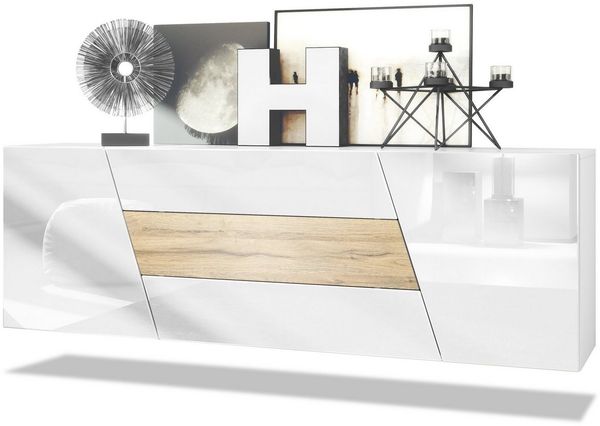 Vladon Sideboard Houston, hängende Kommode mit 2 Türen & 3 Schubladen, Korpus Weiß matt, Fronten Weiß Hochglanz, mittlere Schublade Eiche Natur, (178 x 57,5 x 38,5 cm)