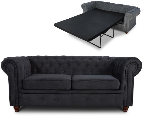 Schlafsofa Chesterfield Asti Bis 2-Sitzer, Sofa mit Schlaffunktion, Couch 2-er, Couchgarnitur, Sofagarnitur, Holzfüße - Glamour Design (Schwarz (Capri 19))