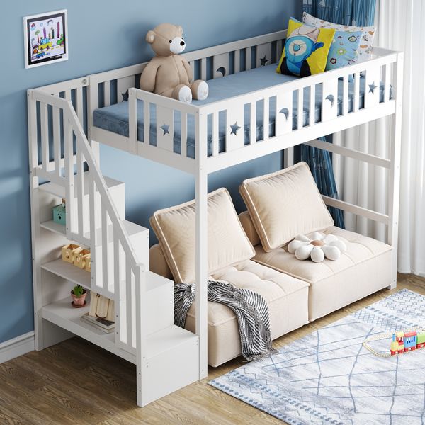 Etagenbett für Kinder 90*200 mit Treppe ,Hochbett aus Massivholz mit Sicherheitsgeländer, Stern- und Monddekoration. Weiß
