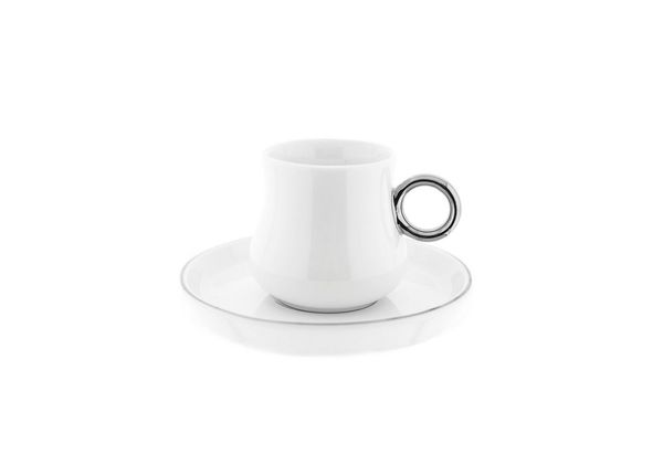 Mulex 12 Teiliges Set Mokkatassen mit Untertasse aus Porzellan Mokkaservice 100 ml Weiß/Silber