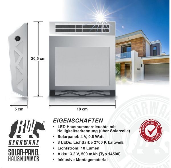 BEARWARE LED Außen-Wandleuchte Solar Hausnummernleuchte für Außen, Hausnummer Außenleuchte, Wandlicht, Ein-/Ausschalter, LED fest integriert, Warmweiß, mit Nummernset, Tag- und Nachterkennung, Solarpanel, 10 Lumen, I44