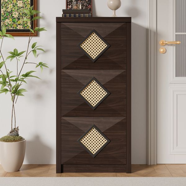 Vintage Schuhschrank mit Rattan-Dekor, 3 Klappfächer, 54x25x115 cm, Dunkelbraun