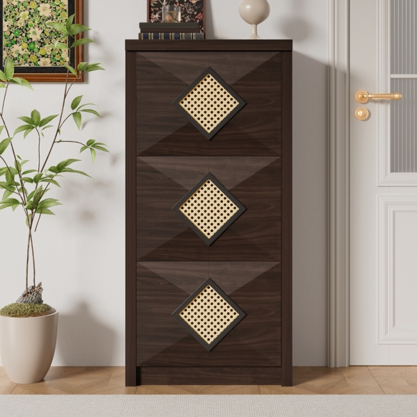 Vintage Schuhschrank mit Rattan-Dekor, 3 Klappfächer, 54 x 25 x 115 cm, Dunkelbraun