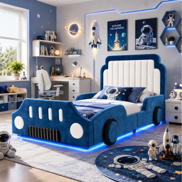 Flieks Autobett, Polsterbett Kinderbett 90x200 cm mit Schutzgeländer und LED-Beleuchtung