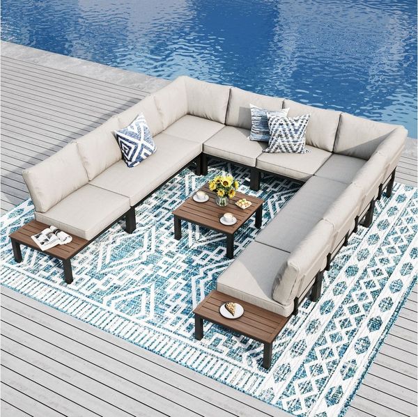 PHI VILLA Gartenlounge-Set, (Gartenmöbel Balkonmöbel mit Verstärkten Kissen und Kaffeetisch), Metall Lounge Möbel Outdoor Gartenlounge, Beige
