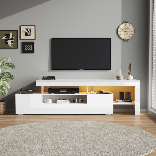 TV-Schrank 192x37x53 cm, weiß, Hochglanz-Front, LED mit App-Steuerung, 3 Klapptüren