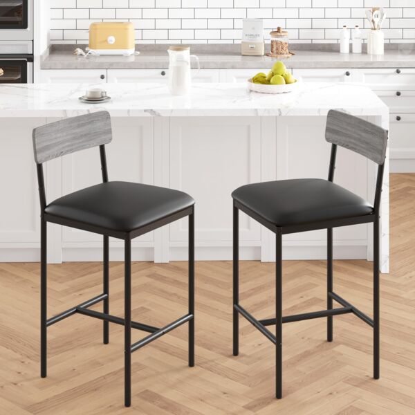 2er Set Barhocker, Barstuhl mit Rückenlehne & Fußstütze, Retro Barhocker mit Fußstütze, Bistrohocker 64cm Hohe, Küchenhocker Einfache Montage, Industrie-Design für Bistro, Küche, Esszimmer, Grau