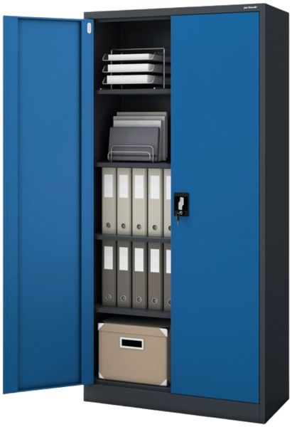 Aktenschrank abschließbar JAN - 5 Ebenen verstellbar, Flügeltüren | Metallschrank Werkstatt Mehrzweckschrank Büroschrank aus Stahl Werkzeugschrank, 195x90x40cm Anthrazit-Blau