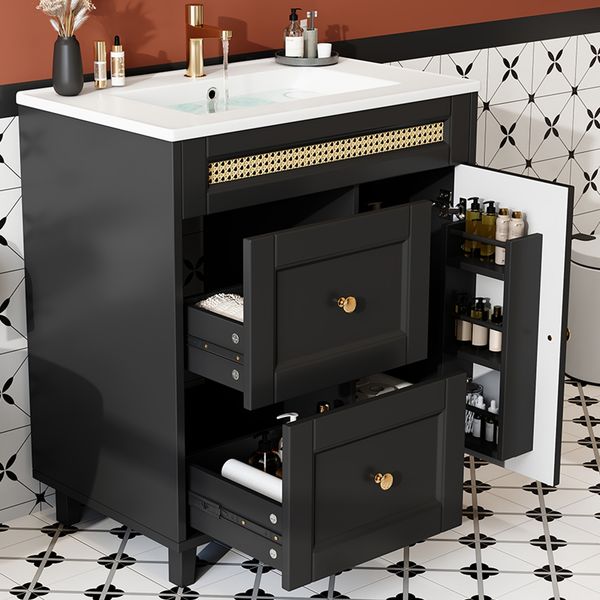 Flieks Waschtisch 76x46x86.5cm, freistehender Badezimmerschrank mit Keramikwaschbecken, 2 Schubladen, Rattan-Dekor, schwarz