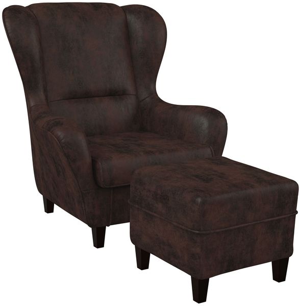 Supellex Sofia Ohrensessel mit Hocker | Design Kunstleder Braun