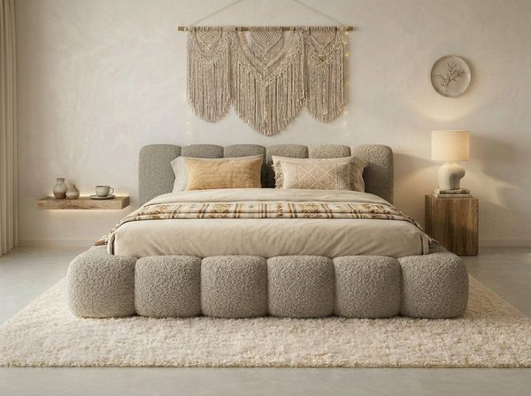 yourhouse24 Polsterbett Dallas Bouclé, angesagte Bubble-Optik (Bettgestell mit Bettkasten), Wolken-Design & Japandi