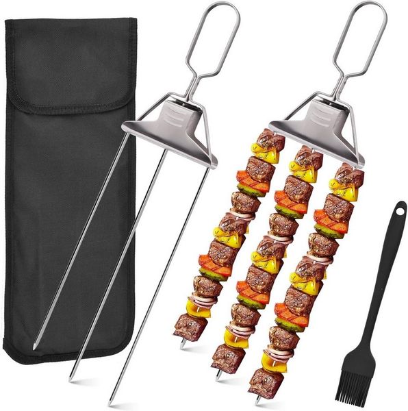 LA CUTE Grillspieß Edelstahl Grillspieße 3-fach mit Schiebemechanismus für sicheres BBQ (Grillspieß-Set mit innovativem 3-fach-Design für einfaches und gleichmäßiges Grillen, Wiederverwendbare Edelstahl-Brochetten Griff Schiebemechanismus), Robuste Ede...