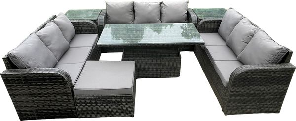 Fimous Patio Garten Dining Set Rattan Möbel Lounge Sofa Höhenverstellbarer aufsteigender Hubtisch mit 2-Beistelltischen Großer Fußhocker Dunkelgrau gemischt