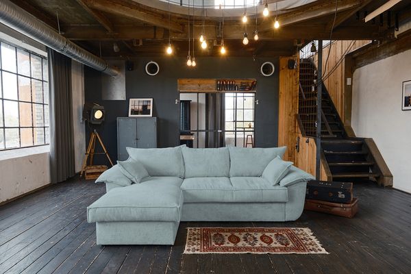 KAWOLA Sofa DAMETO Ecksofa Bettsofa Schlafsofa mit Stauraum Cord hellblau Recamiere links 77 x 174 x 266 cm