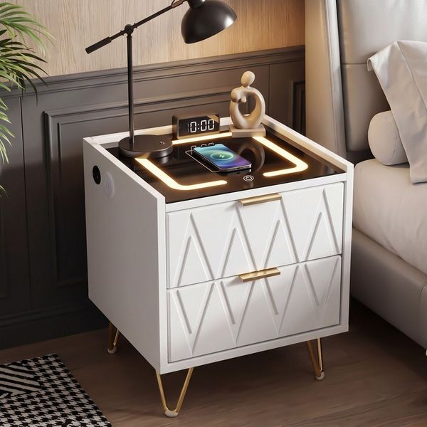 oyajia Nachttisch Nachttisch mit LED-Beleuchtung, Beistelltisch mit 15W Kabelloses Laden (Nachttisch mit USB + Type-C, Beistelltisch, 2/ 3 Schubladen, modern), für modernes Schlafzimmerdesign