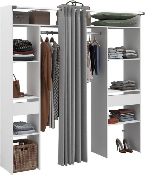 Parisot Combi 2 – Kleiderschrank 198 cm Weiß mit Vorhang, 2 Schubladen & 2 Kleiderstangen