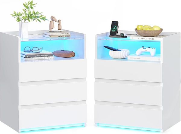 MSMASK Nachttisch mit LED-Beleuchtung und Steckdosen, 3 Schubladen, 45 x 35 x 61 cm (2-St), Nachtschrank mit Sichtbarer Glastischplatte