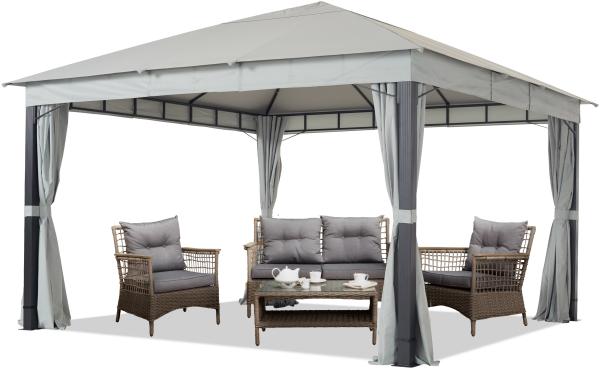 Gartenpavillon 4x4m ALU PREMIUM ca. 220g/m² Dachplane wasserdicht, Pavillon Gartenzelt 4 Seitenteile hellgrau