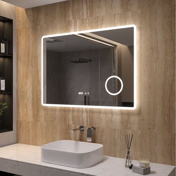 AQUABATOS LED-Lichtspiegel Badezimmer Spiegel Badspiegel Wandspiegel mit Beleuchtung Licht Led (mit/ohne Uhr), (3 Lichtfarben/Kaltweiß), (mit/ohne Bluetooth), mit/ohne Schminkspiegel), 100x70cm beschlagfrei