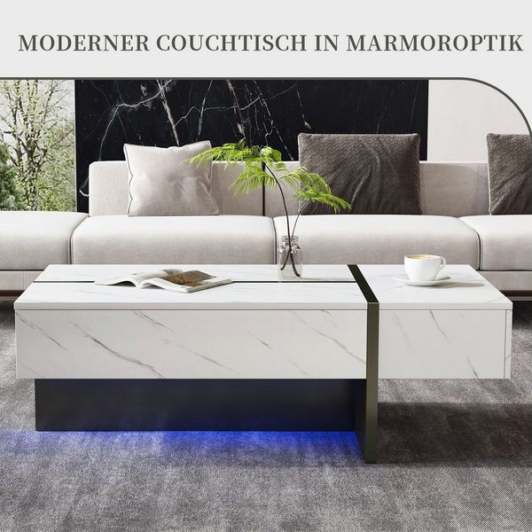 SeedWave Couchtisch Moderner Sofatisch in Marmoroptik mit Verstellbarer LED-Beleuchtung, Kaffeetisch mit hochglänzende Tischplatte, drei Schubladen