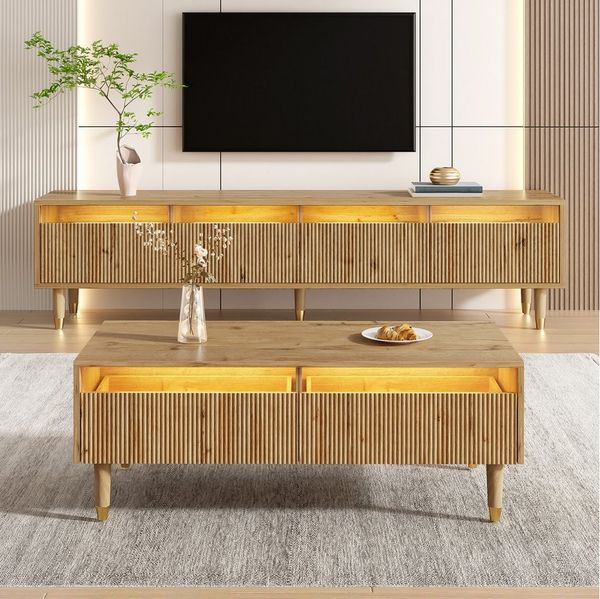 REDOM Wohnzimmer-Set mit LED-beleuchteter, (TV-Schrank+Wohnzimmertisch, 2-St, 3D-Wellen-Design,Acrylplatten), mit vier Türen,zwei Schubladen