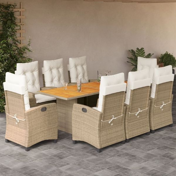 vidaXL 9-tlg. Garten-Essgruppe mit Kissen Beige Poly Rattan 3212714