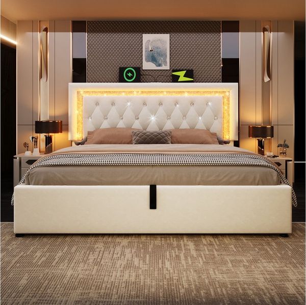 STILVORA Polsterbett 140x200 mit Bettkasten,Jugendbett Bettrahmen mit LED+USB&Rautenmuster (Struraumbett, Funktionsbett, 1-tlg, mit Stauraum, modernes Jugendbett mit Lattenrost), Hydraulisches Bett mit LED-Diamantstreifen, USB & Type-C Ladestation
