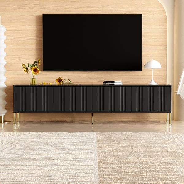 TV-Schrank B 190 x T 38 x H 48 cm aus MDF/Spanplatte, schwarz mit goldfarbenen Füßen
