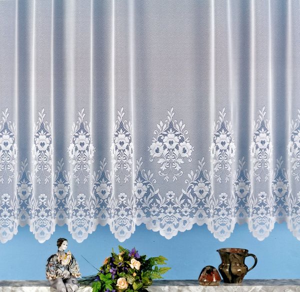 heimtexland Gardine Jacquard Store weiß Fensterdeko Blumen Fertigstore (1 St), Kräuselband, halbtransparent, Jacquard, Spitze gebogt I Kräuselband I Deko Vorhang durchscheinend