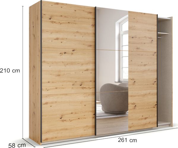 rauch Kleiderschrank; Schwebetürenschrank KRONACH, 2-türig, 1 Spiegeltüre, Eiche Artisan, 261x210x59xcm Bild 4