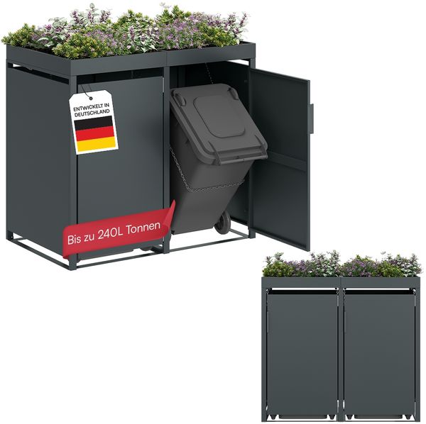 STEELSØN 'Thoria' Mülltonnenbox 2er je 240 Liter, anthrazit, Mülltonnenverkleidung aus Stahl, wetterfest, 125x80x134 cm, Müllbox mit Pflanzendach für 2 Tonnen