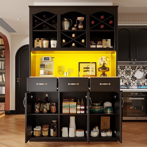 i@home Hochschrank Küchenschrank (120 × 40 × 180 cm) mit drei Türen, drei Schubladen und LED-Beleuchtung, Schwarz