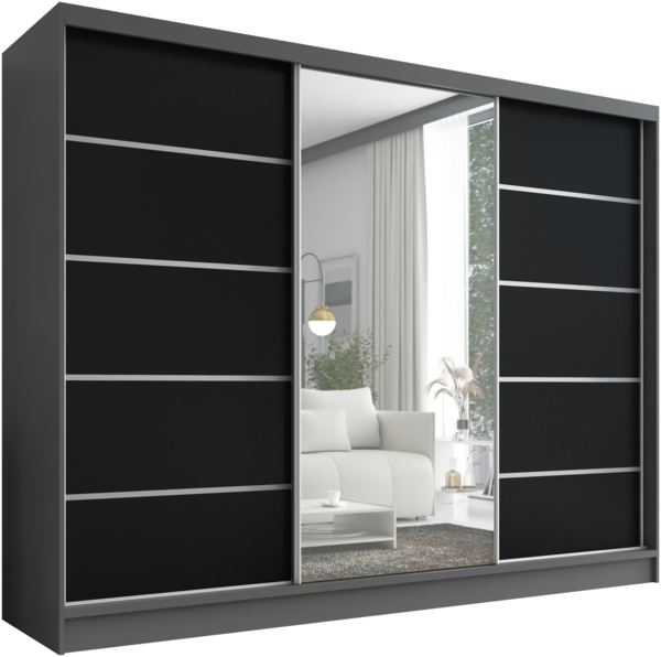 A&J MöbelLand Schwebetürenschrank AURELIA, Graphit | Schwarz, Leiste: Weiß