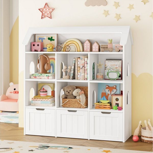 Homfa Kinderregal in Hausform mit 3 Spielzeugkisten auf Rollen, Spielzeugregal mit 7 offenen Fächern Spielzeugtruhe 117x120x30cm weiß