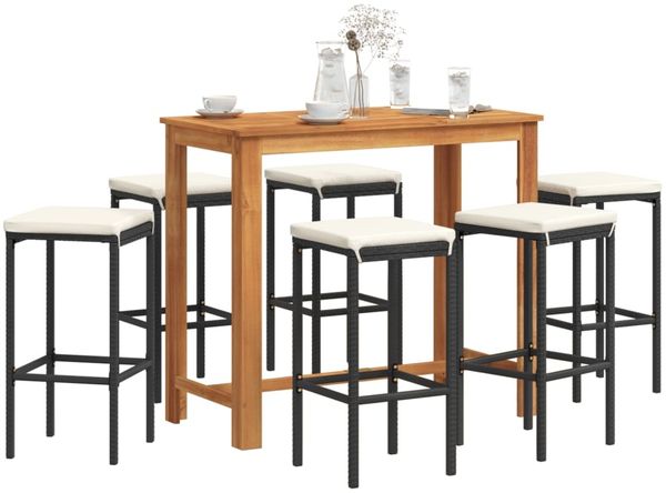 vidaXL 7-tlg. Gartenbar-Set Schwarz Massivholz Akazie und Poly Rattan 3295286