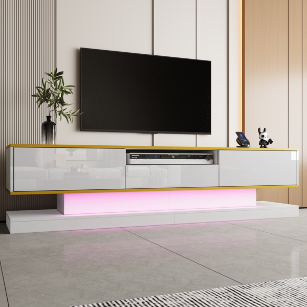 TV Schrank Lowboard 180x38 cm Weiß Hochglanz LED Beleuchtung 3 Schubladen Goldleiste Wohnzimmer