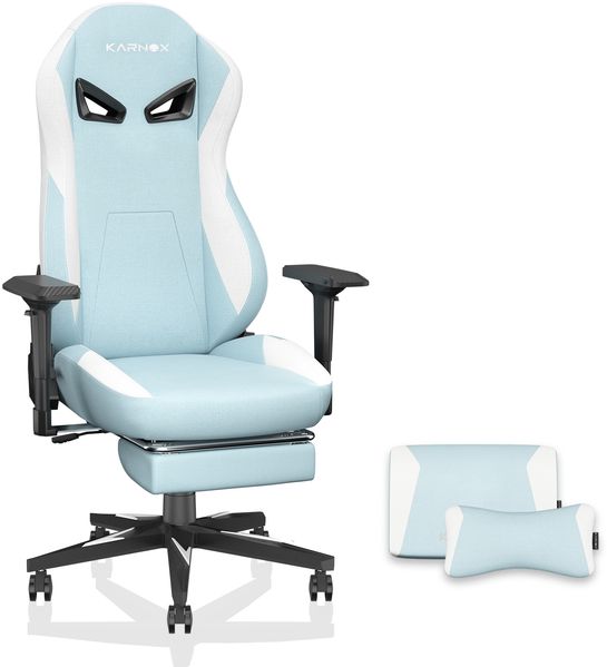 Ergonomischer Gaming-Stuhl Stoff mit Fußstütze für Erwachsene,Bürostuhl hohe Rückenlehne Gaming-Stuhl Rennsport Stoff höhenverstellbar Gaming-Stuhl mit Kopfstütze und Lendenunterstützung für Mädchen,Stoff,Weiß und Blau,