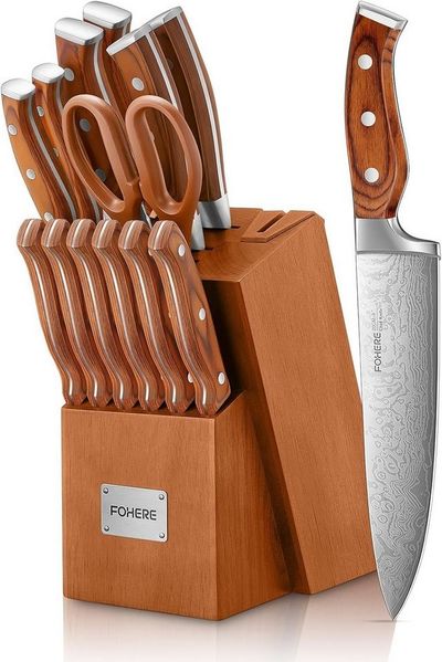 FOHERE Messer-Set 14-teiliges Messerset mit integriertem Schärfer und Wellenmuster (Set, 14-tlg), aus hochwertigem rostfreiem Stahl