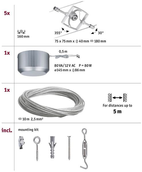 Paulmann No. 94133 Seilsystem Mac II Chrom matt mit 5 Spots ohne Leuchtmittel, max. 10W GU5,3 Bild 2