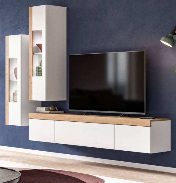 Wohnwand 3-teilig Siena in weiß und Eiche 270 cm