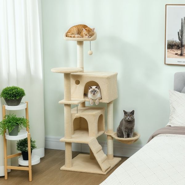 Katzenbaum mit Katzenohr-Plattform & Spielball, Sisal Kratzpfosten, Hängematte, Anti-Kipp, für 1-3 Katzen, stabil