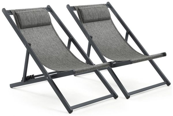 Mondeer Sonnenliege 2er Set, klappbarer Liegestuhl mit Kopfstütze und Verstellbarer Rückenlehne für Garten Pool Terrasse, Belastbarkeit 130kg, W104 x D58 x H95cm, Schwarz und Grau